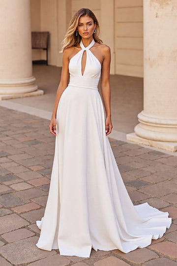 Halter A Line White Wedding Dress with Hollow Out
